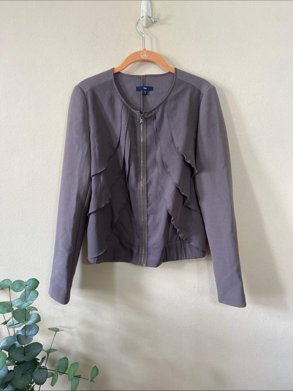 Gap Ruffle Zip Front Blazer Jacket Gray Taupe Career Office Stretch Women Small